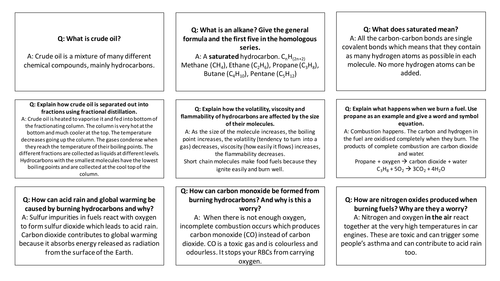 AQA iGCSE Chemistry Connect four revision card Qs:Crude oil & fuels,products from crude oil& organic