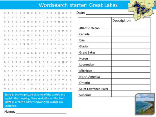 Geography The Great Lakes KS3 GCSE Wordsearch Crossword Anagram Alphabet Keyword Starter Cover
