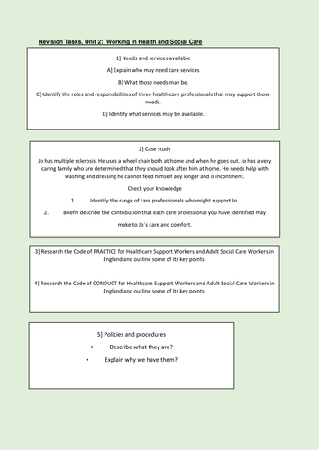 Unit 2 Health & Social care revision tasks