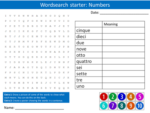 Italian Language Numbers Keyword Wordsearch Crossword Anagrams Keyword Starters Homework