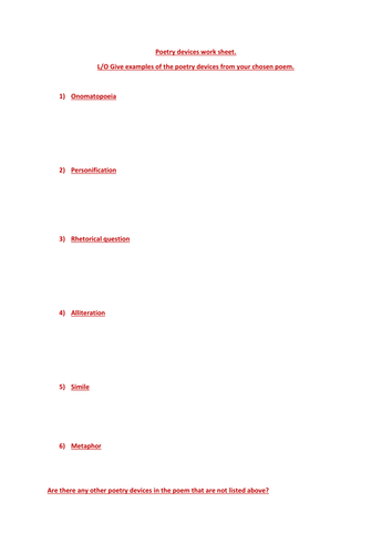 Question work sheet about any poem.