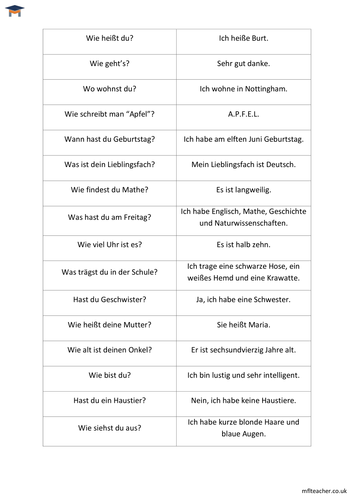 German - Match the questions to the answers (various topics)