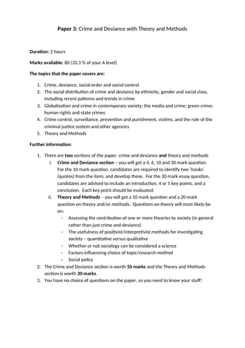 AQA A Level Sociology Crime and Deviance with Theory and Methods checklist UPDATED March 2024