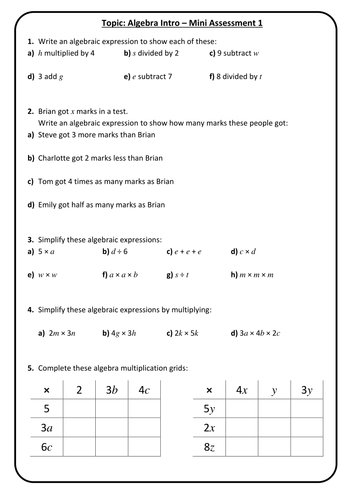 End of Topic Mini Test/Marking Grid - Algebra Manipulation - Foundation Test 1 + Answers
