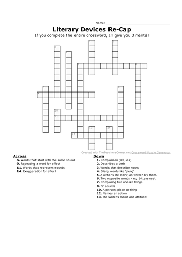 Literary Devices Crossword Teaching Resources