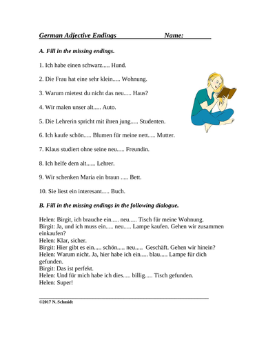 German Adjective Endings - Worksheet and Handout