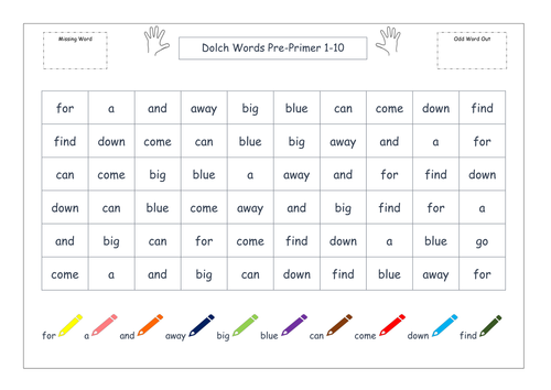 PrePrimer Dolch Student Probe Tables for left to right tracking