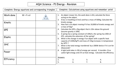 AQA Physics P1 Energy: Revision sheet