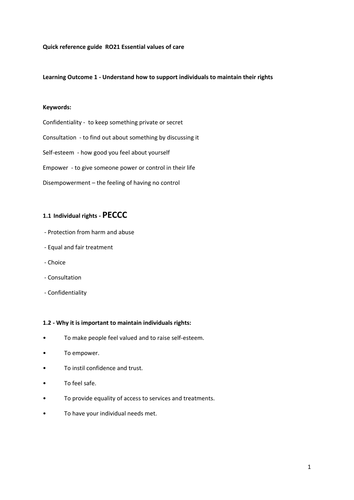 Quick revision guide R021 Essential Values of Care - Cambridge Nationals Level 2