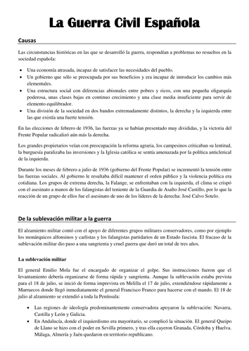 La Guerra Civil - Causas, división de Espana en dos zonas y apoyo internacional