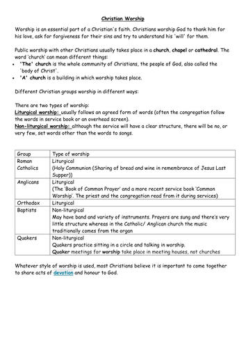 Edexcel Beliefs in Action B (GCSE 9-1) Living the Christian life: Worship