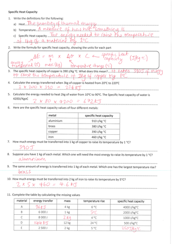 Specific Heat Capacity Powerpoint and Worksheet - AQA GCSE 2016