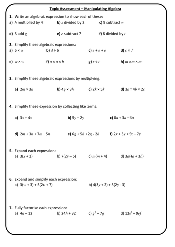 End of Topic Mini Test/Marking Grid - Algebra Manipulation - Foundation Test 2 + Answers