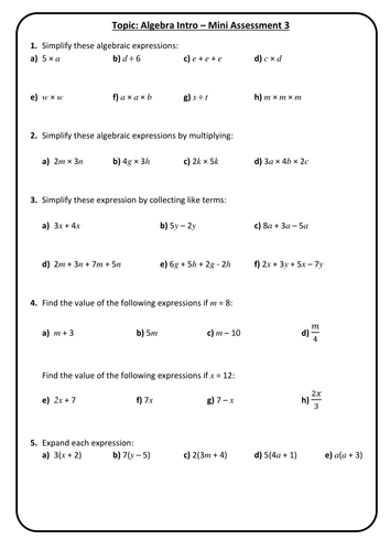 End of Topic Mini Test/Marking Grid - Algebra Manipulation - Foundation Test 3 + Answers