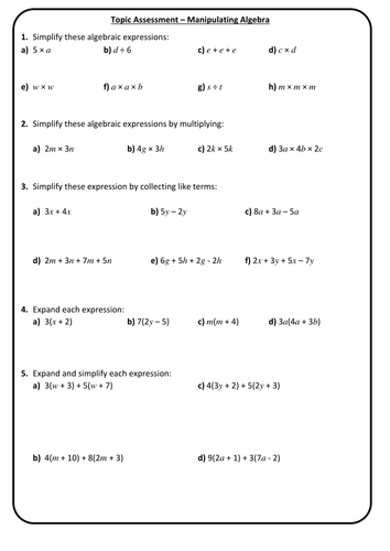 End of Topic Mini Test/Marking Grid - Algebra Manipulation - Foundation Test 4 + Answers