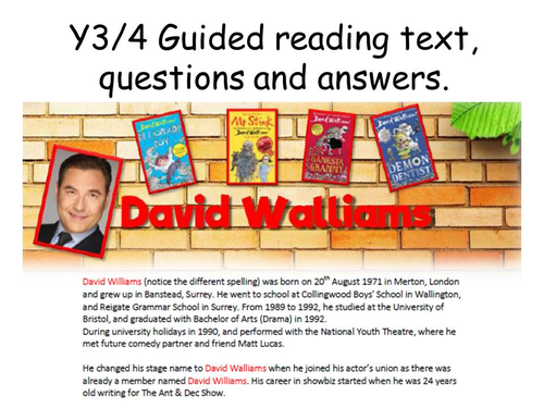 David Walliams guided reading pack year 3/4