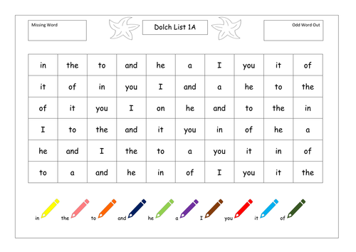 Dolch Student Probe Tables for left to right tracking