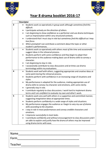 Year 8 Drama feedback booklet