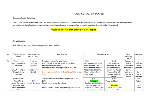 Word problems Year 2 Planning ( 4 lessons)