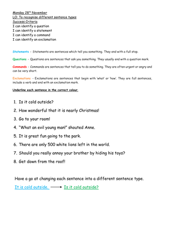 Fantastic different sentence types worksheet (question, statement
