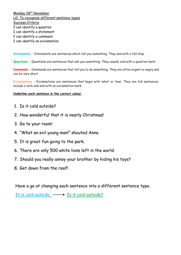 fantastic different sentence types worksheet question statement exclamation command teaching resources