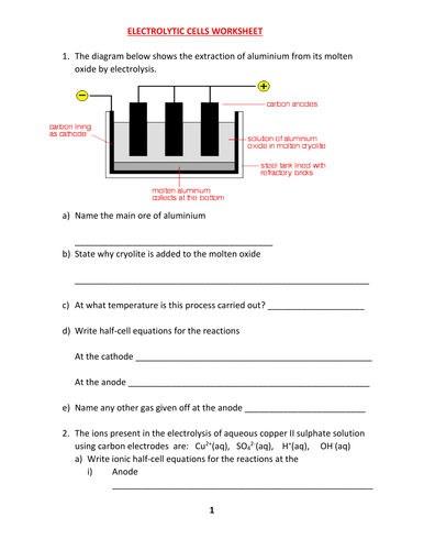 ELECTROLYTIC CELLS WORKSHEET WITH ANSWERS | Teaching Resources