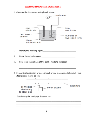 ELECTROCHEMICAL CELLS WORKSHEET WITH ANSWERS Teaching Resources