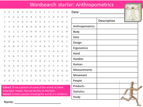 Design Technology Anthropometrics Starter Activities Wordsearch, Anagrams Crossword Cover