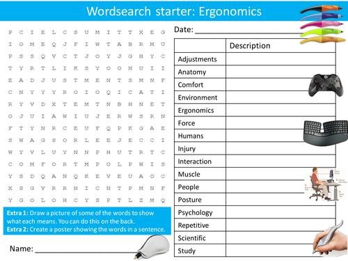 Design Technology Ergonomics Starter Activities Wordsearch, Anagrams Crossword Cover Lesson