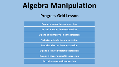 Progress Grid Lesson - Algebra Manipulation I - Worksheet, Answers, Helpsheet, Powerpoint