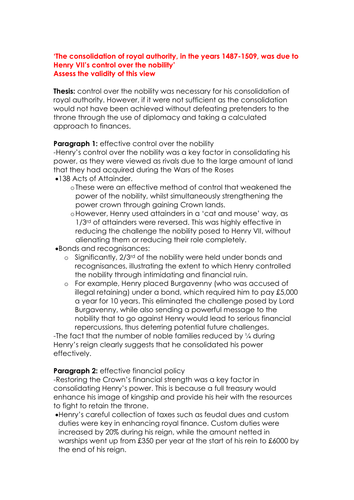 A level History, Tudors: essay plan on Henry VII's consolidation of authority