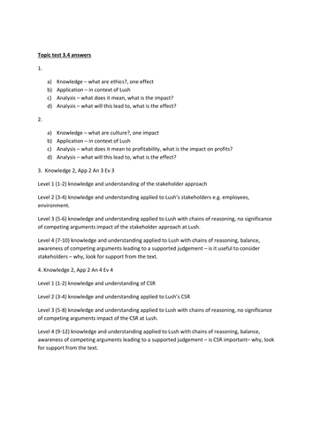 A level Edexcel Business New Spec Unit 3.4 Topic test, answers and homework