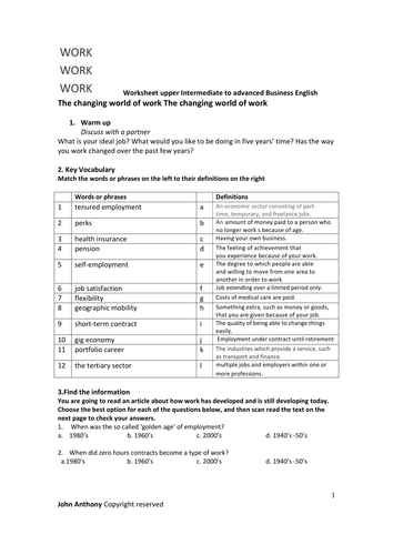 worksheet the changing world of work teaching resources