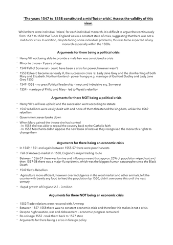 Essay Plan - ‘The years 1547 to 1558 constituted a mid-Tudor crisis’.