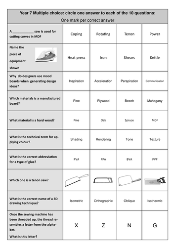 Designs and Technology multiple choice test  questions x20 for year 7