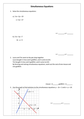 Simultaneous Equations worksheet | Teaching Resources