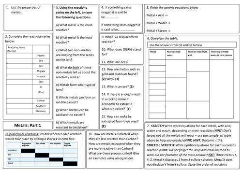 Edexcel 9-1 CC11 Revision MAT / SHEET for Obtaining and using metals with answers PAPER 1