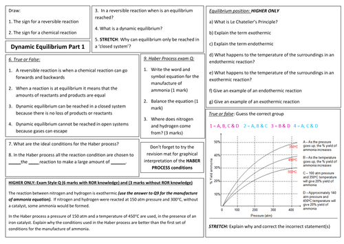 Edexcel 9-1  CC12 Revision MAT / SHEET for Dynamic equilibrium and reversible reactions PAPER 1