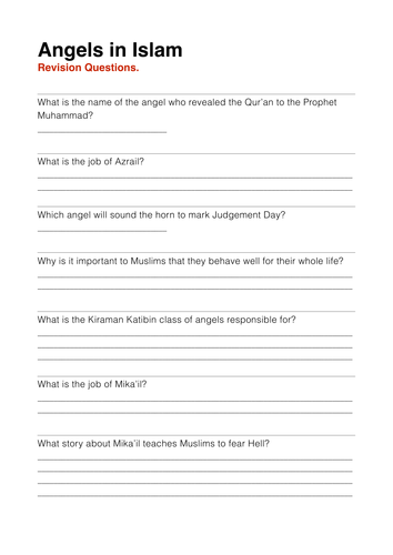 Angels in Islam - Assessment/Test