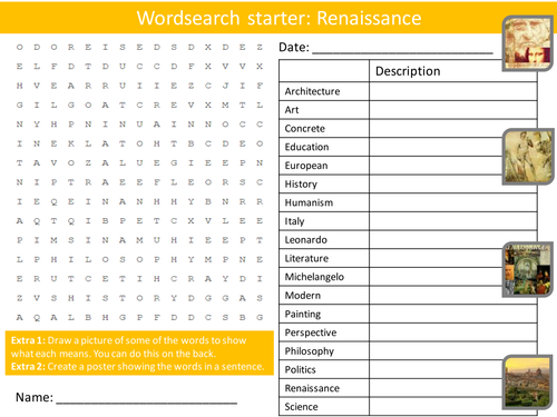 Art The Renaissance 7 x Starters Art Wordsearch Crossword Anagram Alphabet Keyword Cover Lesson