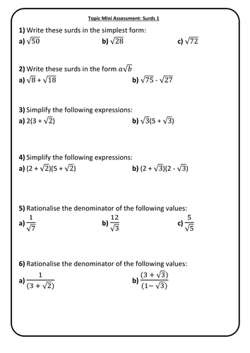 End of Topic Mini Test/Marking Grid - Surds - Higher Test 1 + Answers