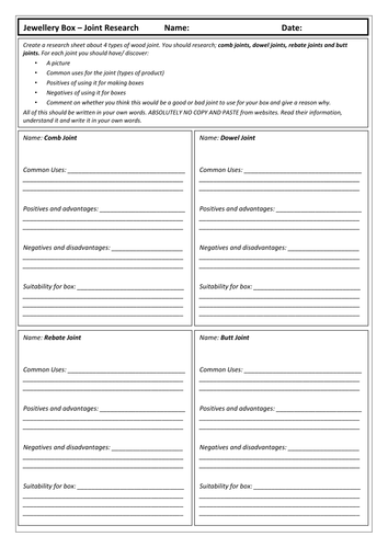 KS3 Wood Joint Research Sheet