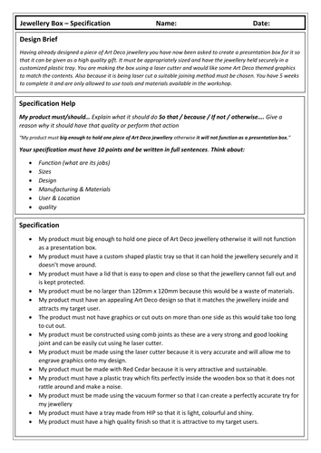 KS3 Jewellery Box Specification (Worksheet and Complete Example)