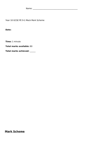 Edexcel GCSE PE 2016 (9-1) Specification- Mock Exam & Mark Scheme