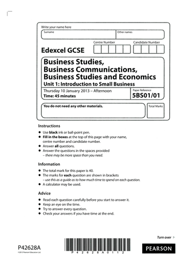 Edexcel GCSE Business Studies Unit 1: Introduction to Small Business Beat the Teacher Jan 2013