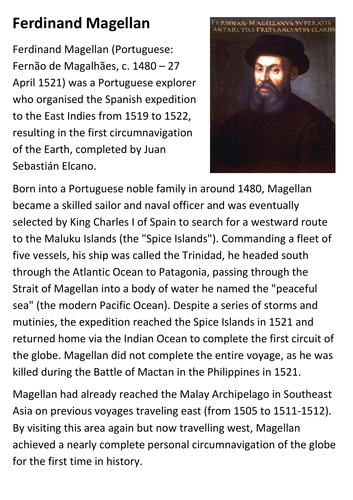 Ferdinand Magellan Handout | Teaching Resources