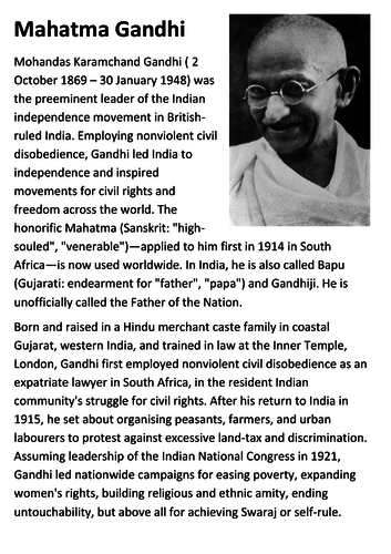 Mahatma Gandhi Handout | Teaching Resources