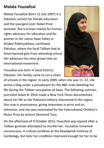 Malala Yousafzai Handout | Teaching Resources