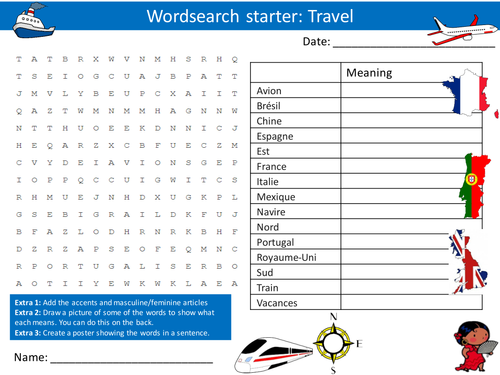 French Travel Wordsearch Crossword Anagrams Keyword Starters Homework Cover Plenary Lesson