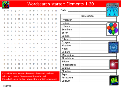 Science Elements 1-20 Periodic Table Wordsearch Crossword Anagrams Keyword Starters Homework Cover